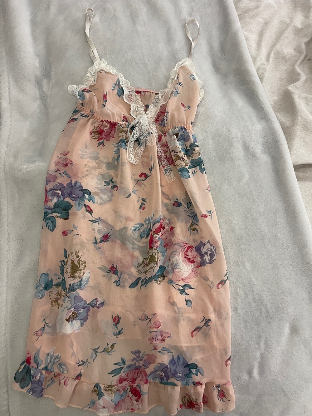 Floral Lace-Trim Pink Sheer Nightgown